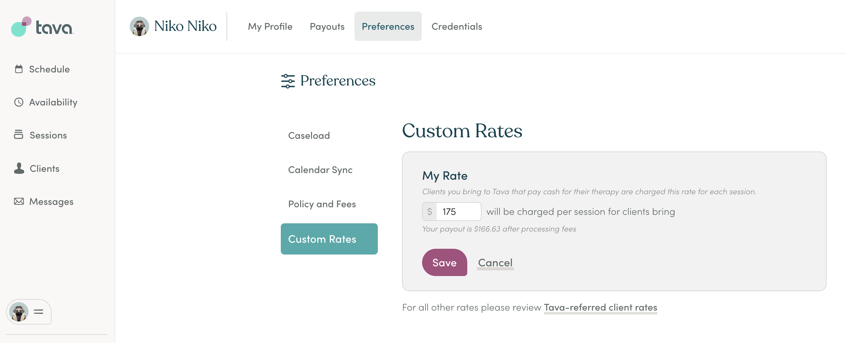 Set your custom cash rate – Tava Therapist Help Center